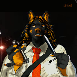 anthro black_body black_fur clothed clothing collared_shirt colored_nails dress_shirt eyelashes eyeshadow fangs female fur holding_object lips makeup nails necktie shirt solo teeth topwear yellow_eyes yellow_nose thebtcfur71 bitcoin toshina_(thebtcfur71) canid canine canis mammal wolf 1:1 2025 draw_over hi_res meme
