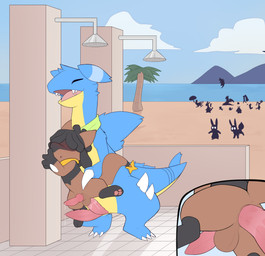 2_penises anal anthro beach beach_shower blush bodily_fluids carrying_another carrying_partner diphallism duo feral genital_fluids genitals leaking_precum male male/male multi_genitalia multi_penis penis precum public public_sex scarf sex silhouette size_difference porldraws nintendo pokemon gabite generation_4_pokemon pokemon_(species) riolu absurd_res hi_res