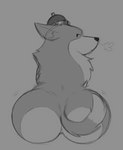 anthro anthrofied big_butt breath butt clothing crown grey_background hat hat_only headgear headgear_only headwear headwear_only looking_at_viewer looking_back looking_back_at_viewer male mostly_nude rear_view simple_background solo filthyopossum infinity_train atticus_(infinity_train) canid canine canis domestic_dog herding_dog mammal pastoral_dog welsh_corgi 2021 hi_res monochrome sketch