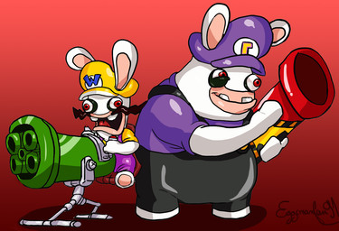 anthro black_clothing black_eyelids black_facial_hair black_mustache black_overalls buckteeth buckteeth_(lower_incisors) closed_smile clothed clothed_anthro clothed_male clothing derp_eyes duo facial_hair featureless_legs fully_clothed fully_clothed_anthro fully_clothed_male fur gatling_gun gradient_background gun hat headgear headwear holding_object holding_ranged_weapon holding_rocket_launcher holding_weapon larger_anthro larger_male lidded_eyes light long_ears machine_gun male male_anthro mitten_hands mouth_closed multicolored_body mustache noseless open_mouth open_smile overalls pawpads purple_clothing purple_hat purple_headwear purple_overalls purple_shirt purple_topwear ranged_weapon red_background red_eyes rocket_launcher shirt short_legs simple_background sitting size_difference smaller_anthro smaller_male smile standing tan_body tan_inner_ear tan_pawpads tan_skin teeth topwear two_tone_body weapon white_body white_fur yellow_clothing yellow_hat yellow_headwear yellow_shirt yellow_topwear francoisl-artblog mario_bros mario_plus_rabbids_kingdom_battle nintendo raving_rabbids rayman_(series) ubisoft bwaluigi bwario lagomorph mammal rabbid 2018 crossover digital_drawing_(artwork) digital_media_(artwork) lighting shaded signature