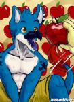 anthro apple food fruit fur iron_artist male open_mouth plant simple_background smile solo bastriw sirius_(siriuswolfus) avian 2017 digital_media_(artwork) hi_res