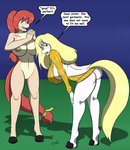 anthro big_breasts blonde_hair blue_eyes breasts brown_nipples clothed clothing dialogue duo female genitals hair navel nipples nude open_mouth pussy red_hair sweater text topwear virgin_killer_sweater sailoranna meme_clothing anna_(sailoranna) sara_(sailoranna) equid equine horse mammal english_text hi_res meme sibling_(lore) sister_(lore) sisters_(lore)