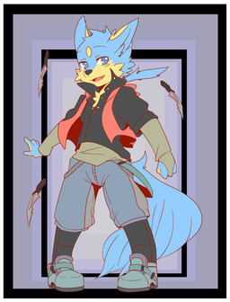 4_fingers abstract_background action_pose anthro armor biped black_nose blue_body blue_eyes blue_fur border bottomwear cheek_tuft chest_tuft clothed clothing facial_tuft fingers fist floating footwear fully_clothed fur gloves hair handwear head_tuft jacket knife magic magic_user male melee_weapon multicolored_body multicolored_fur open_mouth open_smile ponytail pose shirt shoes shorts simple_background sleeveless_clothing smile solo standing tan_body tan_fur topwear tuft two_tone_body two_tone_fur weapon white_border saku1saya seiya_(saku1saya) canid canine canis domestic_dog mammal 2015
