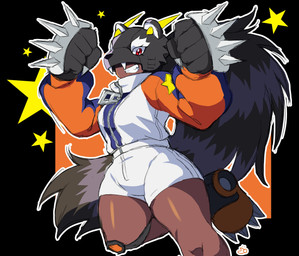 bottomwear claws clothing dark_body dark_skin female grin mask paws red_eyes shorts smile solo track_jacket zipper anaquariusart bandai_namco digimon digimon_beatbreak bearcatmon binturong_humanoid digimon_(species) humanoid absurd_res hi_res