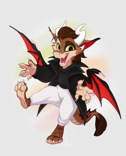 2_horns anthro back_wings barefoot biped black_clothing black_coat black_markings black_shirt black_topwear bottomwear brown_body brown_fur brown_hair cheek_tuft claws clothed clothing coat countershade_face countershade_fur countershading dipstick_ears dipstick_tail ear_markings facial_tuft feet front_view fur hair horn looking_at_viewer male markings membrane_(anatomy) membranous_wings multicolored_ears on_one_leg open_mouth open_smile pants plantigrade shirt short_hair simple_background smile solo standing tail tail_markings tan_body tan_countershading tan_fur teeth toe_claws tongue topwear tuft white_bottomwear white_clothing white_pants wings maryvirgin mythology dragon furred_dragon furred_scalie mythological_creature mythological_scalie scalie 2026 absurd_res hi_res