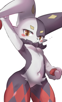 anthro black_body black_fur black_nose blush breasts cheek_tuft facial_tuft featureless_breasts featureless_crotch female fur jester looking_at_viewer low-angle_view markings multicolored_body multicolored_fur navel neck_tuft red_markings simple_background small_breasts solo tuft white_background white_body white_fur yellow_eyes yellow_markings sv23d palworld pocketpair dupin_(pal) lagomorph leporid mammal pal_(species) rabbit absurd_res hi_res