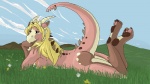 anthro anus biped blonde_hair blue_eyes breasts butt claws cloud female grass hair horn looking_at_viewer lying nipples non-mammal_breasts non-mammal_nipples nude outside pink_body pink_skin plant raised_tail side_boob sky solo tail thick_tail bleuhawke mythology murr_(purri) dragon mythological_creature mythological_scalie scalie 2013