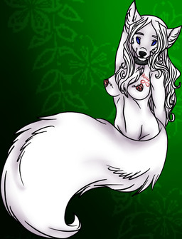 anthro black_nose blue_eyes breasts chest_tuft collar collar_only eyebrows female fur green_background hair happy inner_ear_fluff looking_at_viewer nipple_piercing nipples nude piercing pink_nipples simple_background small_breasts solo tail tattoo tuft white_body white_eyebrows white_fur white_hair white_inner_ear_fluff white_tail thejackaolf_(artist) canid canine canis domestic_dog mammal