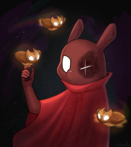 ambiguous_gender cloak clothing cogfly cosplay crossover_cosplay empty_eyes eye_scar facial_scar fingers red_cloak red_clothing scar solo white_eyes nikosh hollow_knight:_silksong hollow_knight_(franchise) rain_world team_cherry videocult artificer_(rain_world) mammal slugcat 2026 crossover hi_res