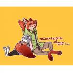 anthro duo earbuds earpod electronics female headphones male male/female rampo disney zootopia judy_hopps nick_wilde canid canine fox lagomorph leporid mammal rabbit red_fox true_fox 1:1 hi_res letterbox