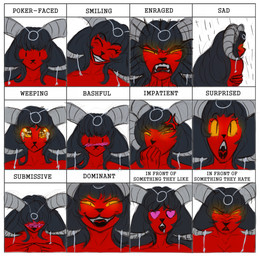 anthro bangs black_hair emotional expressions female fur glowing glowing_eyes hair horn long_hair looking_at_viewer red_body red_fur red_skin smile solo text yellow_eyes umbraunderscore lili_(umbraunderscore) demon felid leopard mammal pantherine succubus absurd_res english_text expression_sheet hi_res