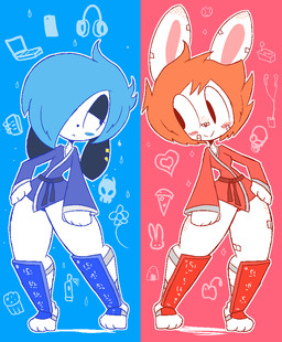 :> anthro band-aid band-aid_on_ear band-aid_on_face band-aid_on_leg band-aid_on_nose bandage bandage_on_face bandage_on_nose barefoot blue_background blue_eyes blue_eyeshadow blue_hair blush blush_lines breasts clothed clothing duo eyeshadow feet female freckled_ears freckled_face freckled_legs freckled_thighs freckles fur hair keikogi leg_guards legwear makeup martial_arts_uniform orange_hair panties panty_shot piercing red_background red_eyes simple_background small_breasts sportswear tail thick_thighs topwear underwear white_body white_fur wide_hips usagibun1 bosho_(usagibun1) rylee_(usagibun1) lagomorph leporid mammal rabbit 2022 digital_media_(artwork)