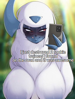 anthro areola big_breasts blush bodily_fluids breasts cellphone detailed_background electronics female front_view fur holding_cellphone holding_object holding_phone mouth_closed nude outside phone pupils red_eyes smile solo sweat text tongue tongue_out white_body saltyxodium nintendo pokemon absol generation_3_pokemon pokemon_(species) english_text hi_res