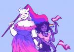 anthro bisexual_pride_colors blush clothing dress dual_holding duo female female/female flag flag_(object) hand_holding holding_flag holding_object lesbian_pride_colors lgbt_pride multicolored_clothing multicolored_dress multicolored_shirt multicolored_topwear pink_lesbian_pride_colors pride_color_clothing pride_color_dress pride_color_flag pride_color_shirt pride_color_topwear pride_colors print_clothing print_shirt print_t-shirt print_topwear rainbow_flag rainbow_pride_colors rainbow_pride_flag rainbow_symbol shirt simple_background six-stripe_rainbow_pride_colors size_difference t-shirt text text_on_clothing text_on_shirt text_on_t-shirt text_on_topwear text_print topwear fel-fisk sinisk undertale undertale_(series) muffet toriel arachnid arthropod boss_monster_(undertale) bovid caprine mammal spider