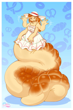 4_arms 4_fingers anthro apode black_sclera blue_background border breasts clothing dress female fingers food forked_tongue hat headgear headwear legless looking_up multi_arm multi_limb serpentine simple_background smile solo tongue tongue_out white_border white_clothing white_dress meganemausu brie_(doughybrie) bread_creature draconcopode food_creature naga 2025 absurd_res hi_res