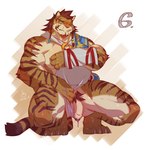 anthro biceps claws felid genitals hi_res kourney male mammal muscular muscular_anthro muscular_male muscular_thighs pantherine penis rude_(kourney) scar solo striped_body stripes tiger