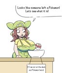 big_breasts breasts brown_hair clothed clothing dialogue female hair huge_breasts pokeball simple_background solo text white_background milkbuni nintendo pokemon katie_(milkbuni) pokemon_breeder human mammal 2023 english_text