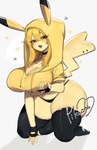 absurd_res anthro big_breasts breast_grab breasts choker cleavage clothed clothing female fingerless_gloves fur generation_1_pokemon gloves hand_on_breast handwear heart_symbol hi_res jewelry kneeling legwear necklace nintendo panties pikachu pokemon pokemon_(species) self_grope solo tagme thick_thighs thigh_highs togetoge underwear v-string yellow_body yellow_fur