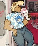 anthro beverage breasts brown_body brown_fur clothing collar drinking fashion female fur hand_on_hip milkshake muscular muscular_female pattern_clothing pompadour psychobilly solo spiked_collar spikes thatsexdog denise_dippens_(character) canid canine fox hyena mammal hi_res