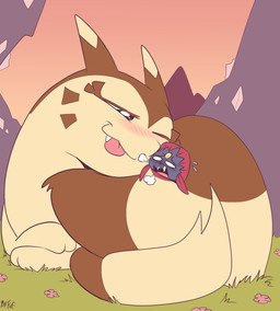 ambiguous_gender anthro black_body black_nose blush blush_lines brown_body cuddling cute_fangs day duo fangs feral flower fluffy fluffy_tail forehead_gem gem grass larger_ambiguous larger_feral looking_at_another lying lying_on_ground macro multicolored_body on_front on_ground one_eye_closed open_mouth outside plant quadruped size_difference smaller_ambiguous smaller_anthro tail tan_body teeth tongue tongue_out two_tone_body fuf nintendo pokemon furret generation_2_pokemon generation_4_pokemon pokemon_(species) weavile 2019 hi_res