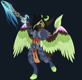 anthro biped clothed clothing eyewear feathers fur glasses hair looking_at_viewer male melee_weapon partially_clothed simple_background solo standing sword tail weapon wings unknown_artist mythology twixxel_minty angel_dragon dragon mythological_creature mythological_scalie scalie source_request