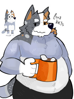 anthro belly clothed clothing coffee_mug container cup grey_body holding_container holding_cup holding_mug holding_object looking_at_viewer male male_anthro mature_male mug notched_ear nude_anthro nude_male overweight overweight_anthro overweight_male pointy_ears prick_ears snout solo standing topless topless_anthro topless_male centivolts bluey_(series) bob_heeler australian_cattle_dog canid canine canis cattledog domestic_dog herding_dog mammal pastoral_dog 3:4 absurd_res hi_res