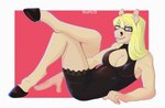 anthro blonde_hair blue_eyes breasts cleavage cleavage_cutout clothed clothing crossed_legs cutout dress eyewear female glasses hair hooves looking_at_viewer reclining smile solo kicoffe equid equine horse mammal