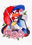 2024 absurd_res anatid anseriform anthro avian bird black_cape black_clothing blue_clothing cape cloak clothing comic_book_character cuffs_(clothing) daisy_and_the_mysteries_of_paris daisy_duck disney duck feathers female flower french_clothing hair hat hat_feather headgear headwear hi_res long_hair loose_feather lunula_(artist) mask masked_female melee_weapon noblewoman plant portrait rapier red_feather red_mask rose_(flower) signature solo sword swordswoman the_rose_of_paris traditional_media_(artwork) warrior weapon white_body white_feathers