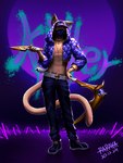 anthro belt blue_bottomwear blue_clothing blue_eyes blue_jacket blue_pants blue_topwear bottomwear clothed clothing dagger ear_piercing ear_ring front_view fur glistening glistening_eyes grey_belt hand_on_hip holding_dagger holding_melee_weapon holding_object holding_weapon jacket looking_at_viewer male mask melee_weapon midriff open_clothing open_jacket open_topwear pants piercing polearm ring_piercing scythe simple_background solo standing tan_body tan_fur topwear weapon papayafurry felid mammal 2020 3:4 absurd_res alternate_version_at_source dated full-length_portrait hi_res portrait signature