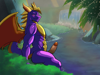 anthro butt erection forest genitals horn male outside penis plant purple_body river solo sunset tail tree water wings ice-hero activision european_mythology mythology spyro_the_dragon spyro dragon mythological_creature mythological_scalie reptile scalie western_dragon 4:3