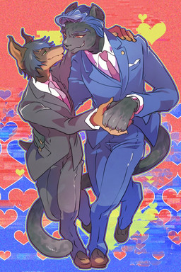 accessory alternate_species black_body black_fur black_hair blue_hair brown_body brown_fur clock clothed clothing duo eye_contact fur furrification green_eyes hair heart_symbol looking_at_another male necktie red_eyes romantic romantic_couple suit watch maruboku_b sk8_the_infinity adam_(sk8) kikuchi_tadashi canid canine canis dobermann domestic_dog felid leopard mammal pantherine pinscher 2:3 hi_res