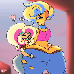 anthro black_lips black_lipstick blush bottomwear bubble_butt butt clothing denim denim_bottomwear denim_clothing duo female female/female grope heart_symbol jeans kiss_mark lips lipstick makeup panties pants thick_thighs underwear mcdraws activision crash_bandicoot_(series) crash_bandicoot_4:_it's_about_time coco_bandicoot pirate_tawna bandicoot mammal marsupial 1:1 2020 animated hi_res no_sound short_playtime video
