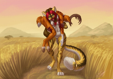 5_fingers anthro anthro_pred anthro_prey antlers areola blood blood_on_breast blood_on_face bodily_fluids breasts carrying_another casual_nudity claw_marks claws corpse death digitigrade duo feet female female_pred fingers fur genitals hair hooves horn humanoid_hands looking_at_viewer male male/female male_death male_prey navel nipples nude outdoor_nudity outside plant predator/prey savanna smile standing tail teeth toes vulva walking conquistabear deer felid mammal pantherine tiger digital_media_(artwork)