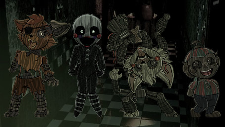 anthro chibi fingers machine puppet screencap screencap_background stylized toony parade_yesterday five_nights_at_freddy's five_nights_at_freddy's_3 scottgames phantom_balloon_boy_(fnaf) phantom_foxy_(fnaf) phantom_mangle_(fnaf) phantom_puppet_(fnaf) animatronic canid canine fox humanoid mammal robot 16:9 2026 absurd_res digital_media_(artwork) hi_res widescreen