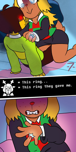 bodily_fluids female freckles genital_fluids male snowgrave text vaginal_fluids araby deltarune undertale undertale_(series) kris_dreemurr noelle_holiday deer human mammal absurd_res comic english_text hi_res long_image tall_image