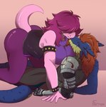 anthro clothing cybernetics duo female female_on_top kilt kissing love machine male male/female on_top sweater topwear turtleneck farinox deltarune undertale_(series) alasdair_lindsay susie_(deltarune) animal_humanoid bush_viper cyborg dinosaur humanoid old_world_viper prehistoric_species reptile reptile_humanoid scalie scalie_humanoid snake viper absurd_res hi_res