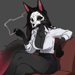 anthro big_breasts biped black_body black_fur black_hair bone breasts cigarette clothing female fur fur_markings furniture hair markings mask on_sofa sitting sitting_on_sofa skull skull_mask smoke smoking smoking_cigarette sofa solo suit topwear phoxy canid canine canis mammal wolf 1:1 hi_res