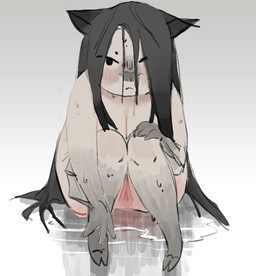 anthro black_hair black_nose blush breasts claws cleavage clothed clothing female genitals hair looking_at_viewer multicolored_body puddle reflection simple_background solo toe_claws vulva wet white_background wings penturice unnamed_character bat mammal sketch