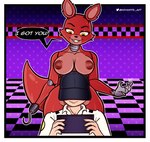 2023 absurd_res animatronic anthro boob_hat breasts canid canine claws clothing crossgender digital_media_(artwork) duo eyebrow_piercing facial_piercing female fingers five_nights_at_freddy's fox foxy_(fnaf) fur gradient_background hi_res hook kevwrite machine male male/female mammal mike_schmidt mtf_crossgender multicolored_body nipples piercing red_body red_fur robot scottgames simple_background speech_bubble text two_tone_body uniform yellow_eyes