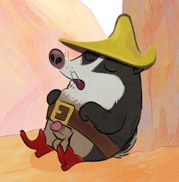 anthro balls boots clothing erection footwear genitals glans hat headgear headwear male penis pink_glans shoes sleeping solo young camp14 third-party_edit billy_the_cowboy_hamster badger mammal mustelid musteline screencap_edit