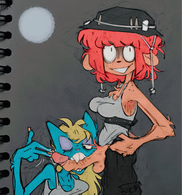 anthro armor balls belt blonde_hair blue_body bodily_fluids breasts brown_body clothing duo eyeshadow female fingernails genital_fluids genitals gynomorph hair headgear helmet intersex intersex/female long_fingernails long_hair makeup nails one_eye_closed penetration penis penis_bite precum red_hair shirt smile tank_top topwear urethral urethral_penetration fdipper2 parappa_the_rapper sony_corporation sony_interactive_entertainment um_jammer_lammy katy_kat lammy_lamb bovid caprine domestic_cat felid feline felis mammal sheep hi_res traditional_media_(artwork)