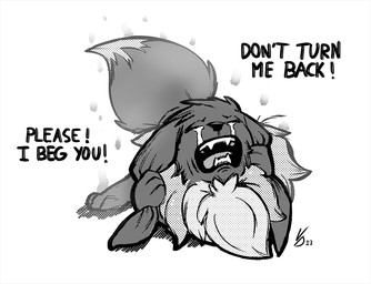 after_transformation ambiguous_gender begging bodily_fluids crying dipstick_tail ear_grab fangs feral mane markings open_mouth simple_background solo tail tail_markings tears teeth text white_background lackedragon nintendo pokemon pokemon_mystery_dungeon spike_chunsoft eevee generation_1_pokemon pokemon_(species) dithering english_text monochrome