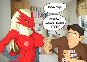 anthro areola big_breasts breasts clothed clothing dialogue duo erect_nipples female huge_breasts humor male navel nipples non-mammal_breasts non-mammal_nipples text topless unimpressed el-loko fallout microsoft nintendo pokemon vault_boy avian bird blaziken generation_3_pokemon human mammal pokemon_(species) 2014 digital_media_(artwork) english_text