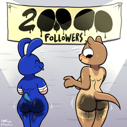 anthro armpit_hair bandage blush bodily_fluids body_hair breasts buckteeth butt duo fangs female follower_number ink long_ears male missing_arm nude rear_view sweat tail teeth theenfman broadside_beach shipwrecked_64 olive_otter stumbler_o'hare lagomorph leporid mammal mustelid otter rabbit 1:1 hi_res