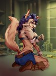 2017 5_fingers amber_eyes anthro belt black_eyebrows black_nose blue_bottomwear blue_clothing blue_hair blue_skirt blue_topwear boot_soles boots bottomwear breasts brown_belt brown_boots brown_clothing brown_footwear butt canid canine carmelita_fox cheek_tuft clothing coat crop_top cuff_(restraint) curled_hair dark_hair denim denim_bottomwear denim_clothing denim_skirt ear_piercing ear_ring eyebrows eyelashes facial_tuft female female_anthro fingers footwear fox fur gold_(metal) gold_bar gold_ear_ring gold_piercing hair hand_on_leg hand_on_thigh handcuffs handwear head_turned hi_res holding_handcuffs inner_ear_fluff inside kneeling lips long_hair looking_back mammal markings medium_breasts metal_cuffs midriff mole_(marking) orange_body orange_ears orange_fur orange_inner_ear_fluff orange_tail piercing pink_clothing pink_thong pink_underwear red_lips renx restraints ring_piercing rolled_up_sleeves shirt shoe_soles side_view skirt sly_cooper_(series) snout solo sony_corporation sony_interactive_entertainment sucker_punch_productions tail tan_clothing tan_coat tan_gloves tan_handwear tan_topwear thong topwear tuft underwear vault whale_tail whisker_markings