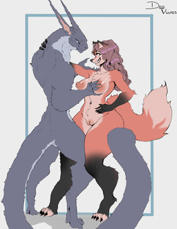 anthro areola bedroom_eyes big_breasts big_nipples breast_grab breasts camel_toe claws curvy_figure dancing duo ears_up feet female fur genitals grope hair hand_on_breast hand_on_hip long_hair looking_at_another male male/female nails narrowed_eyes navel navel_piercing nipples nude nude_anthro nude_female piercing pink_hair seductive simple_background smile tail thick_thighs tuft vulva wide_hips deusvulpes canid canine fox mammal reptile scalie absurd_res colored digital_drawing_(artwork) digital_media_(artwork) hi_res