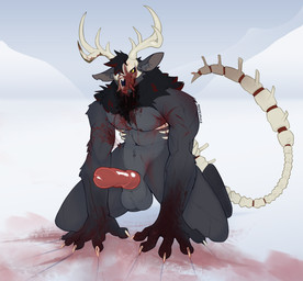 animal_genitalia animal_penis anthro antlers ball_tuft big_penis black_body black_fur blood bodily_fluids bone canine_genitalia canine_penis claws covered_in_blood crouching erection exposed_bone fangs fur genitals gore grey_body grey_fur horn knot knotted_penis male penis presenting presenting_penis skull skull_head solo teeth tuft white_claws yellow_eyes akefesauce american_mythology indigenous_north_american_mythology mythology north_american_mythology yura_kazzarin_(skullmoss) monster wendigo absurd_res hi_res