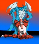 abs anal anal_penetration anthro athletic balls biceps big_balls big_muscles big_penis blue_body blue_skin bodily_fluids claws countershading crouching cum cum_inflation cum_inside digital_hazard duo erection excessive_cum excessive_genital_fluids eyes_closed fangs genital_fluids genitals grin head_wings horn inflation leg_grab legs_up lying male male/male male_penetrated male_penetrating male_penetrating_male markings membrane_(anatomy) membranous_wings muscular muscular_male nude on_back open_mouth overweight pecs penetration penis piledriver_position red_body red_eyes red_skin scales sex slightly_chubby smile spread_legs spreading standing symbol tail teeth thick_penis toe_claws tongue unusual_wing_placement vein white_balls white_body white_skin wings ws bandai_namco digimon mythology xbuimonsama digimon_(species) dragon exveemon guilmon mythological_creature mythological_scalie reptile scalie