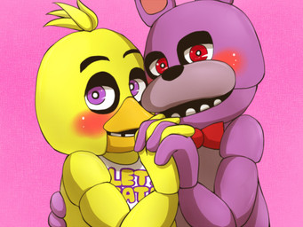 ambiguous_gender anthro beak bib blush bow_tie duo hand_holding head_tuft looking_at_viewer machine open_mouth open_smile purple_body purple_eyes red_eyes smile tuft yellow_body ill825_(artist) five_nights_at_freddy's scottgames bonnie_(fnaf) chica_(fnaf) animatronic avian bird chicken galliform lagomorph leporid mammal phasianid rabbit robot 2015 4:3