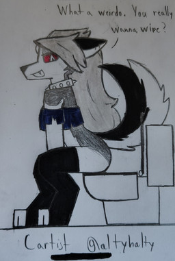 anthro clothing collar crop_top dialogue female implied_pee implied_scat kink_shaming red_eyes shirt sitting sitting_on_toilet solo toilet toilet_use topwear cartist hellaverse helluva_boss mythology loona_(helluva_boss) canid canid_demon canine demon hellhound mammal mythological_canine mythological_creature colored hi_res traditional_media_(artwork)